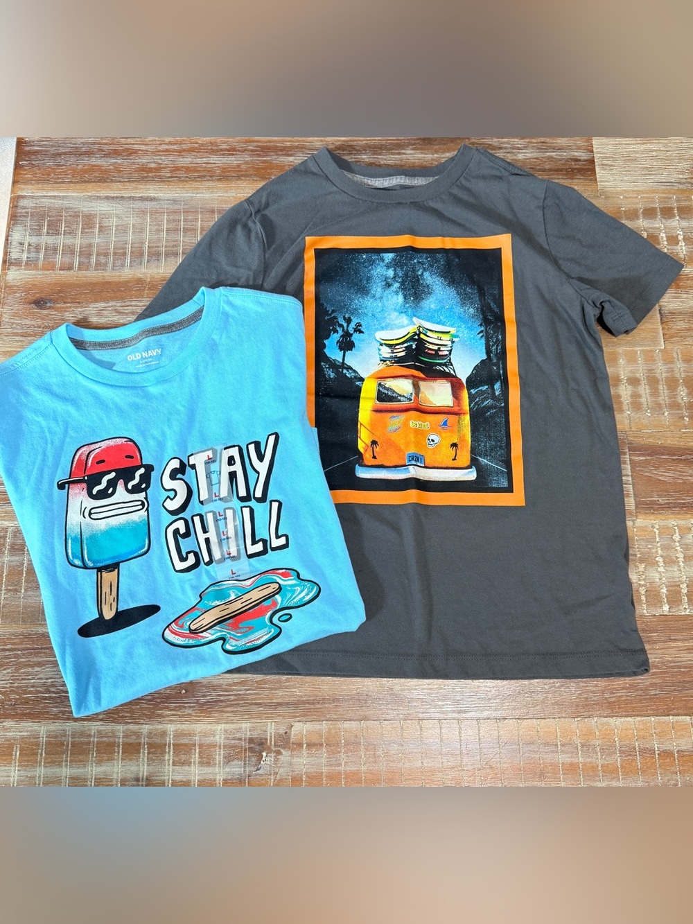 Old Navy Light Blue & Charcoal Graphic Tees - 'Stay Chill' & Van Print